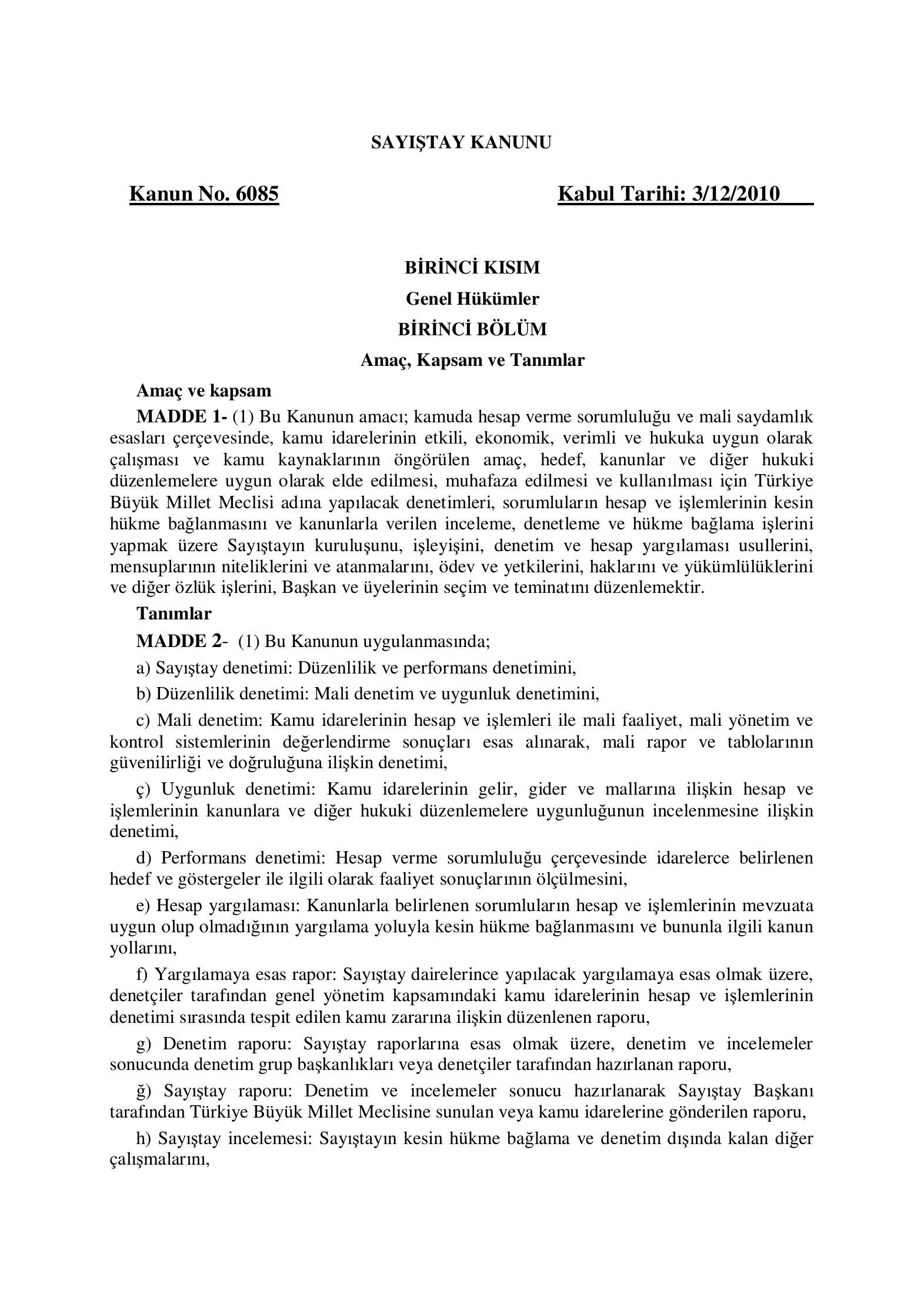 6085 sayılı Sayıştay Kanunu